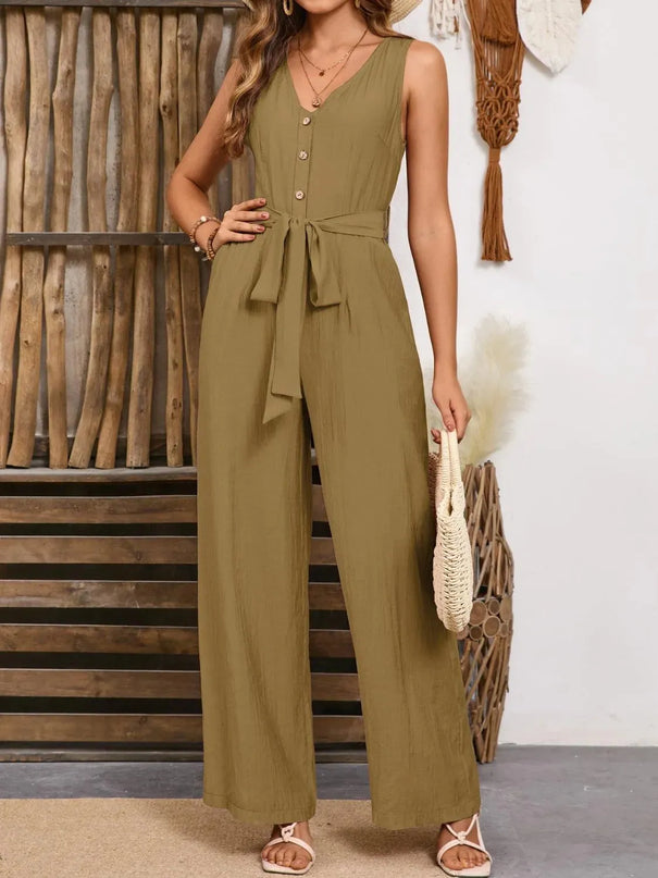 V-Neck Tie Waist Jumpsuit - ShopEasier