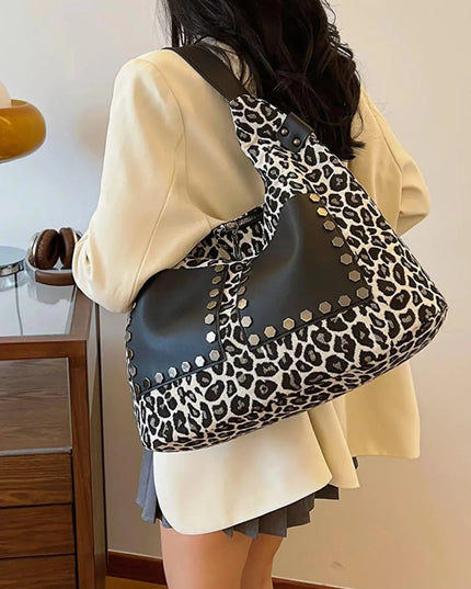 Leopard Polyester Shoulder Bag with Zippers