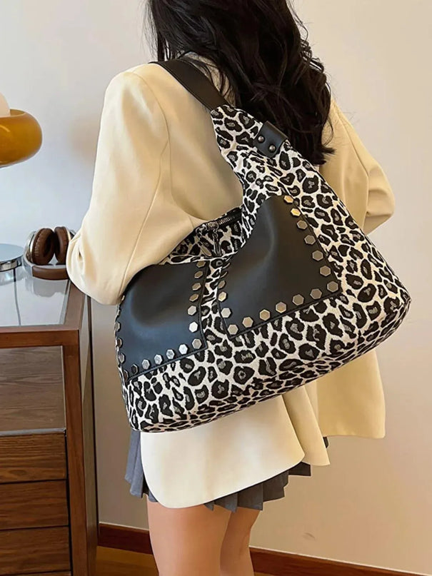 Bolso bandolera de poliéster con estampado de leopardo y cremalleras