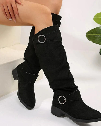 Buckle Round Toe Block Heel Boots - ShopEasier