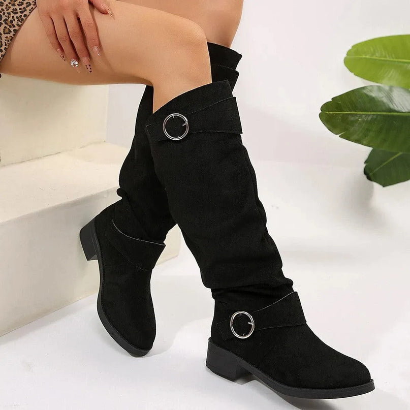 Buckle Round Toe Block Heel Boots - ShopEasier