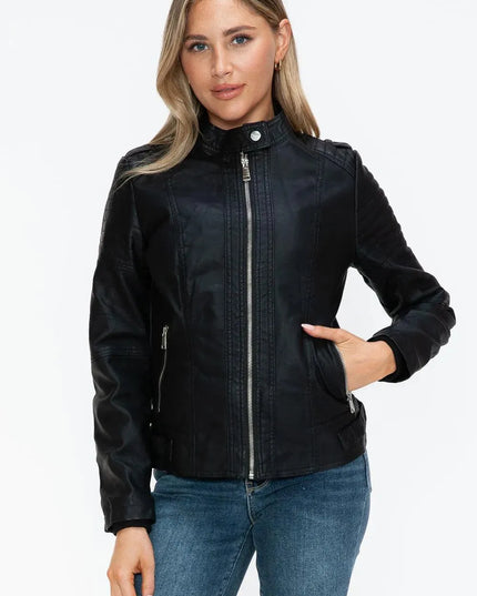 Snobbish PU Leather Biker Jacket with Side Zip Pockets - ShopEasier