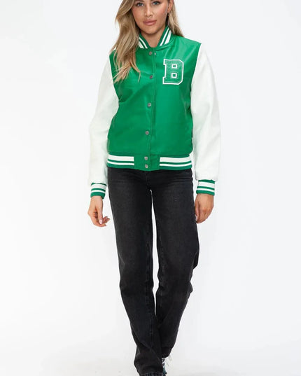 Love Me Now PU Leather Contrast Snap Down Bomber Jacket - ShopEasier