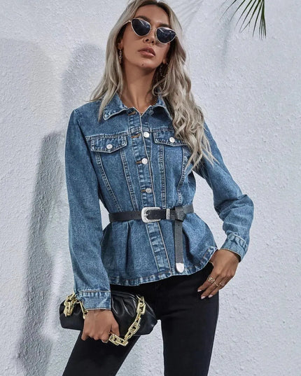 Peplum Collared Neck Long Sleeve Denim Top - ShopEasier