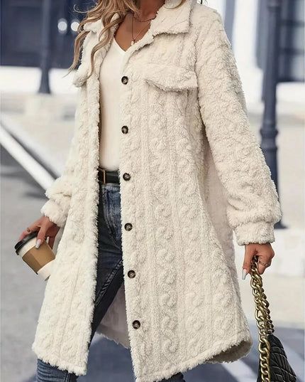 Fuzzy Button Up Long Sleeve Longline Coat - ShopEasier