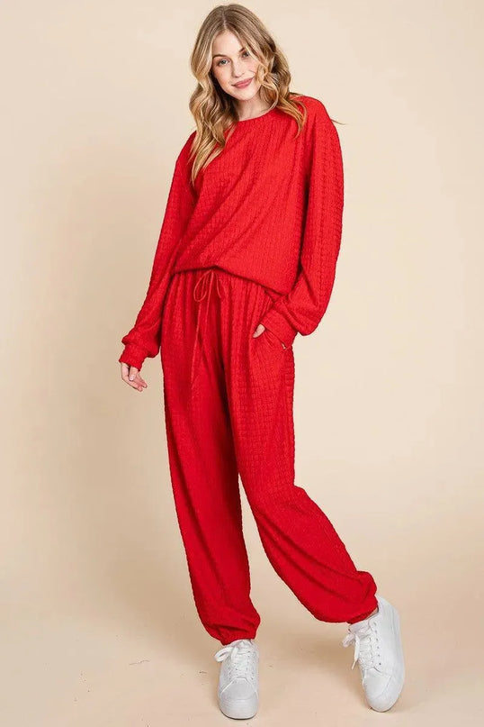 Chic Crinkle Check Relaxed Fit Top and Pants Lounge Set