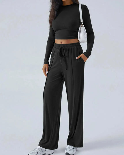 Chic Tied Long Sleeve Top and Pants Set with Pockets