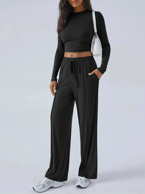 Chic Tied Long Sleeve Top and Pants Set with Pockets