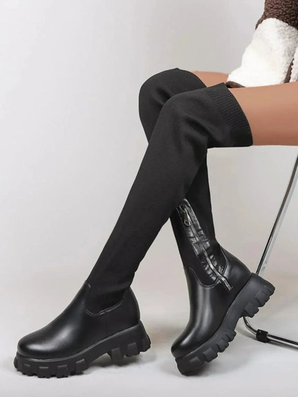 PU Leather Round Toe Platform Boots - ShopEasier