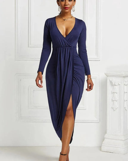 High-low Ruched Surplice Long Sleeve Dress