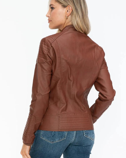 Snobbish Faux Leather Biker Jacket with Side Zip Pockets - ShopEasier