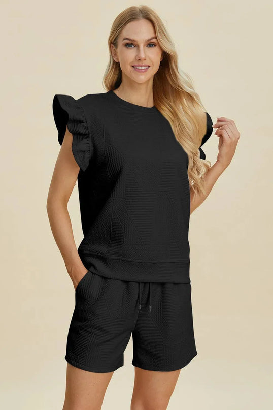 Chic Ruffled Sleeve Top and Shorts Set - Full Size Fashion Ensemble