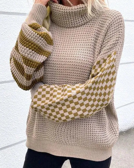 Colorful Striped Checkered Turtleneck Oversized Sweater