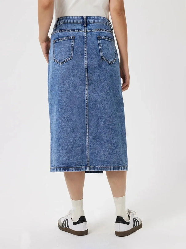 Slit Midi Denim Skirt with Pockets - ShopEasier