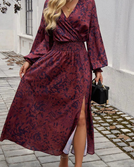 Devine Split Printed Surplice Long Sleeve Midi Dress - ShopEasier