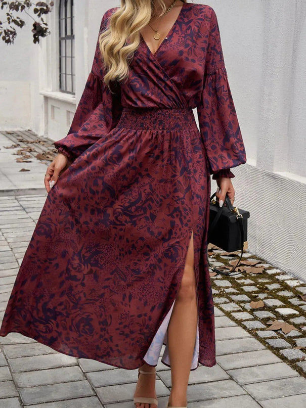 Devine Split Printed Surplice Long Sleeve Midi Dress - ShopEasier