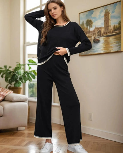 Two-Piece Round Neck Sweater Set with Contrast Trim