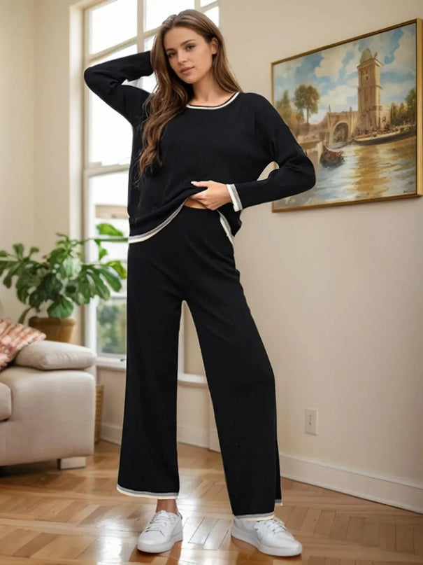 Two-Piece Round Neck Sweater Set with Contrast Trim