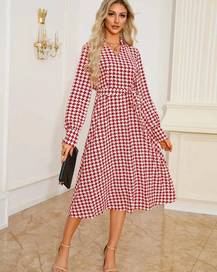 Tied Houndstooth Long Sleeve Midi Dress