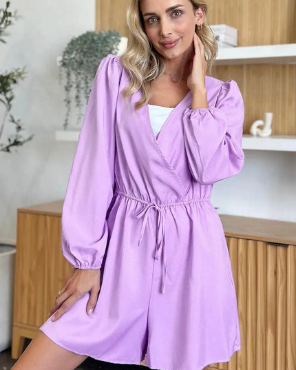 Double Take Full Size Drawstring Long Sleeve Romper - ShopEasier