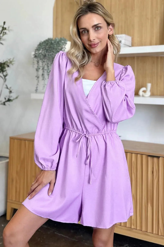 Double Take Full Size Drawstring Long Sleeve Romper - ShopEasier