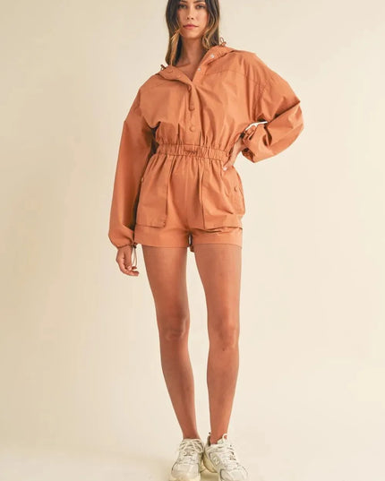 Mable Snap Down Long Sleeve Hooded Romper - ShopEasier