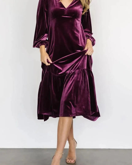 V-Neck Long Sleeve Midi Velvet Dress