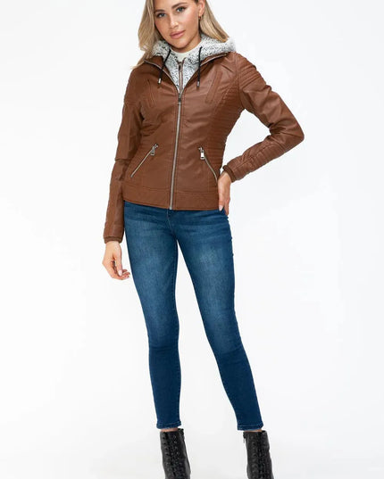 YMI Faux Layered Double-Zipper Jacket with Fuzzy Hood - ShopEasier