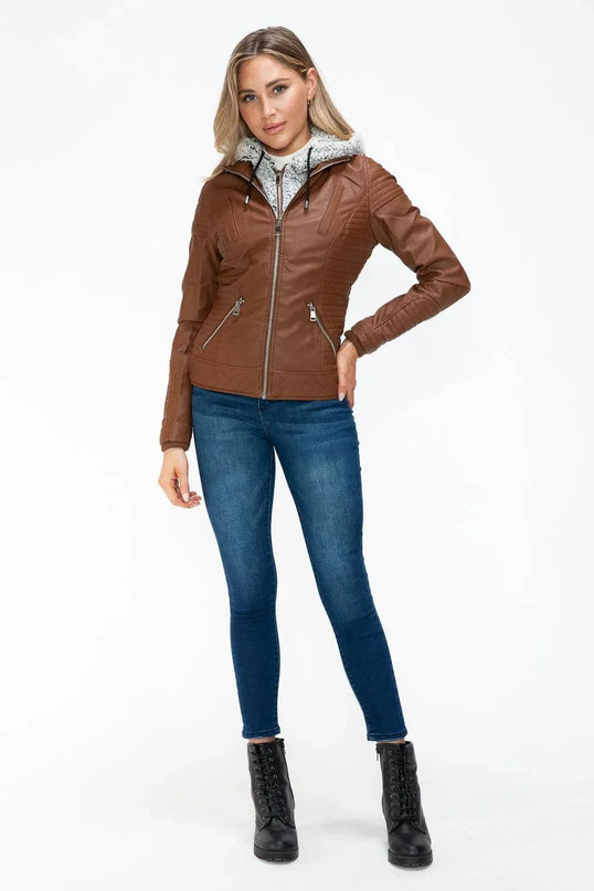 YMI Faux Layered Double-Zipper Jacket with Fuzzy Hood - ShopEasier