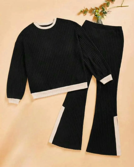 Contrast Round Neck Long Sleeve Top and Bootcut Pants Set