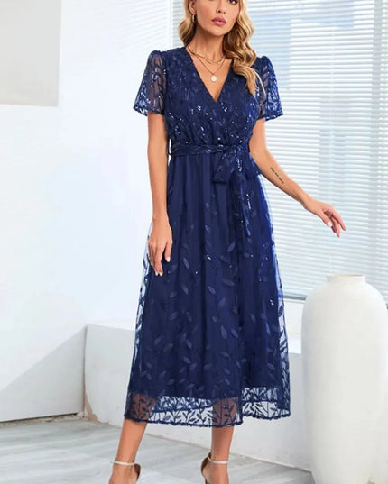 Sequin Leaf Embroidery Tie Front Short Sleeve Dress