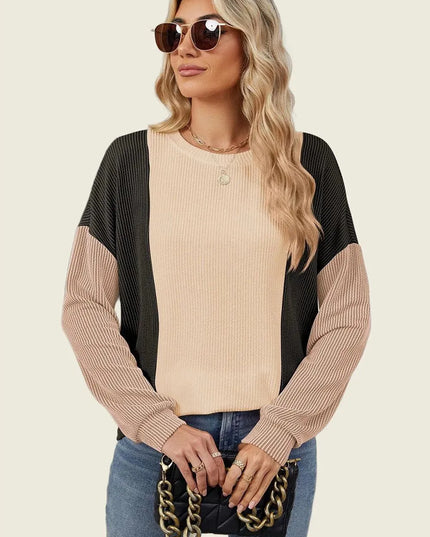 Textured Contrast Long Sleeve Round Neck Tee