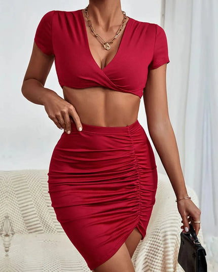 Chic Deep V Plunge Top and Ruched Skirt Set by Perfee