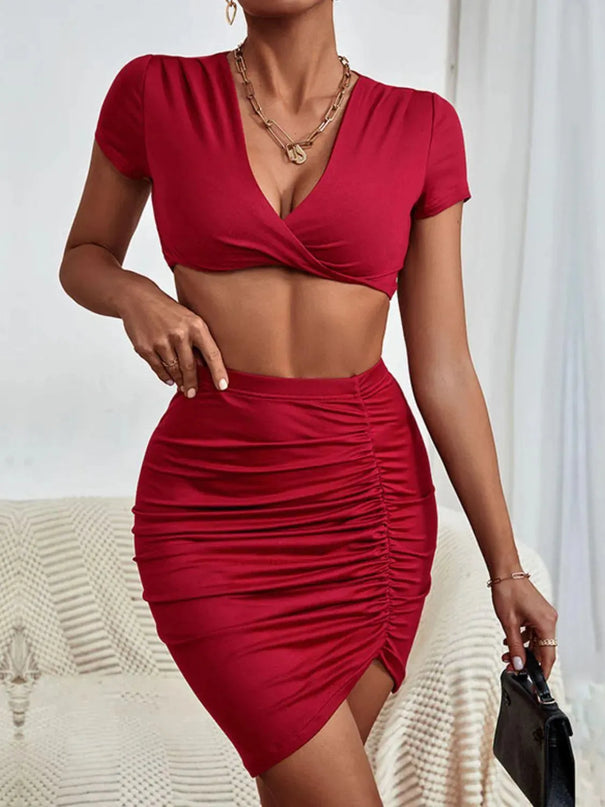 Chic Deep V Plunge Top and Ruched Skirt Set by Perfee