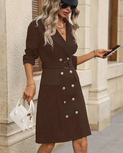 Double-Breasted Lapel Collar Long Sleeve Dress