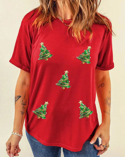 Sequin Christmas Tree Round Neck Short Sleeve T-Shirt - ShopEasier