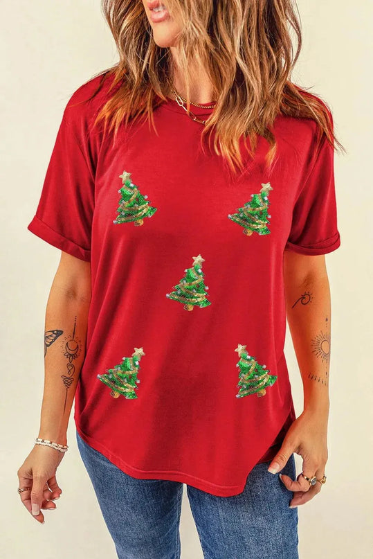 Sequin Christmas Tree Round Neck Short Sleeve T-Shirt - ShopEasier