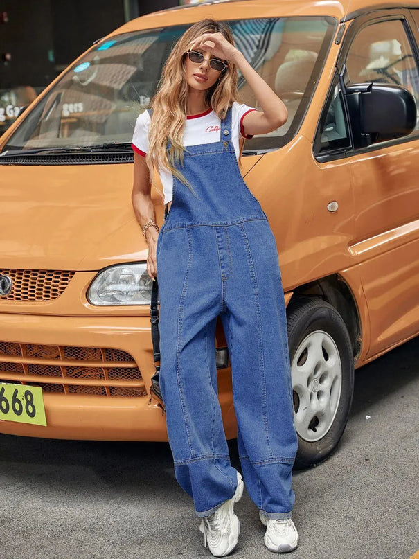 Wide Strap Wide Leg Denim Overalls - ShopEasier