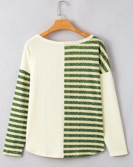 Pocketed Striped Long Sleeve Top with Round Neck