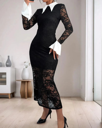 Perfee Lace Contrast Collared Neck Long Sleeve Midi Dress - ShopEasier