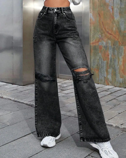 Distressed Wide Leg Jeans with Pockets - ShopEasier