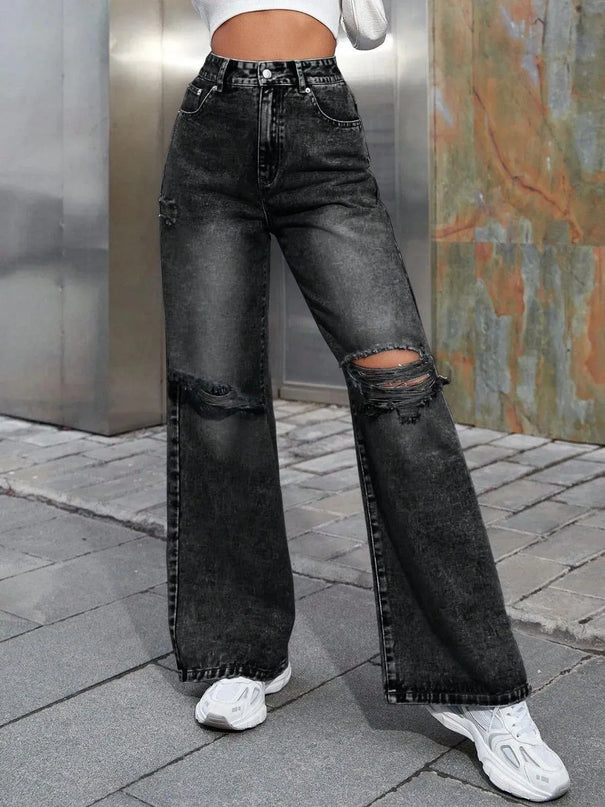 Distressed Wide Leg Jeans with Pockets - ShopEasier