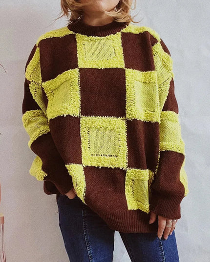 Checkered Round Neck Long Sleeve Sweater - ShopEasier