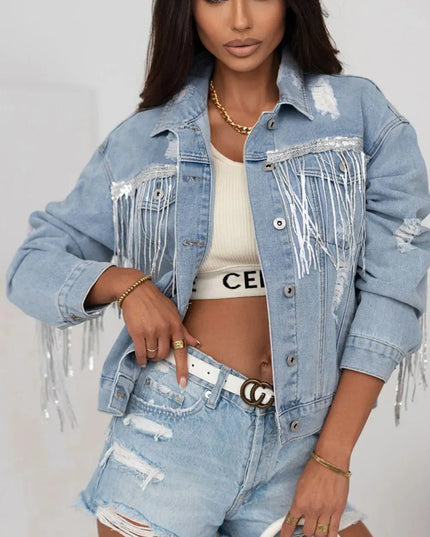 Sequin Fringe Trim Distressed Button Up Denim Jacket - ShopEasier