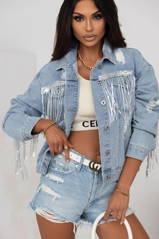 Sequin Fringe Trim Distressed Button Up Denim Jacket - ShopEasier