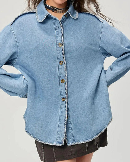 Button Up Collared Neck Denim Top - ShopEasier