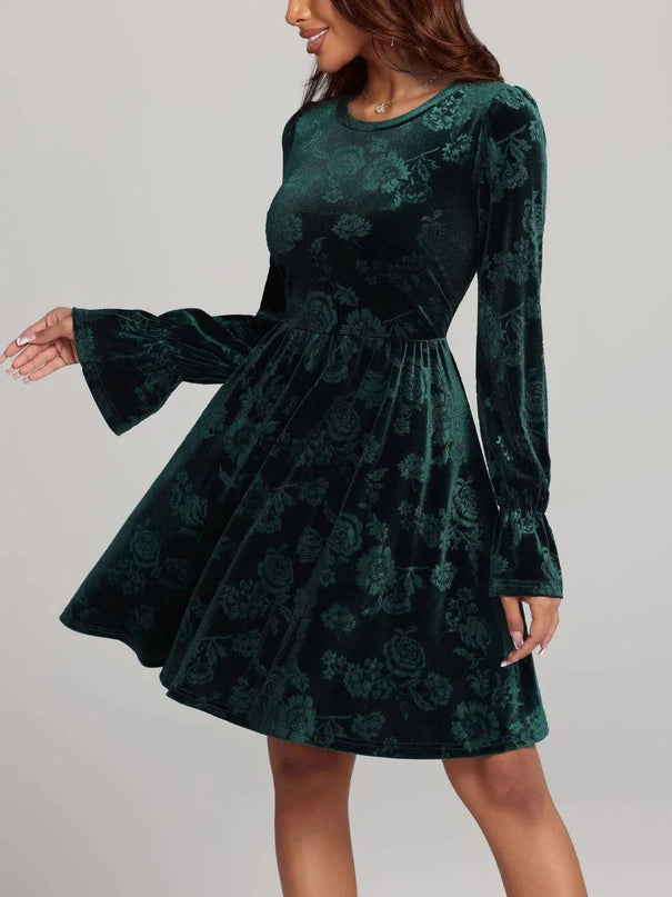 Tied Flower Print Round Neck Flounce Sleeve Dress - ShopEasier