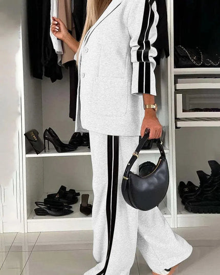 Full Size Contrast Lapel Collar Top and Pants Set - ShopEasier