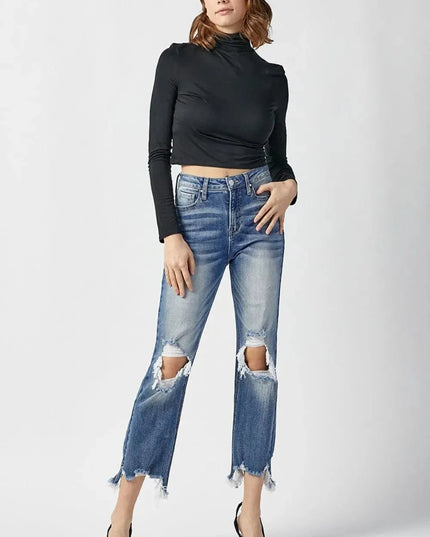 RISEN High Waist Distressed Frayed Hem Cropped Straight Jeans - ShopEasier