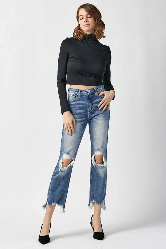 RISEN High Waist Distressed Frayed Hem Cropped Straight Jeans - ShopEasier